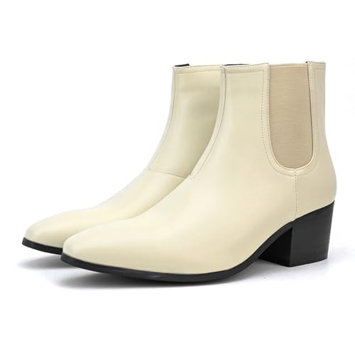 Classic High Heel Heighten Side Zipper Chelsea Boots For Men Leather Fashion Pointed Toe Chunky Block Heel Elastic Mid-Calf Slip On Dress Ankle Booties For Business Party Wedding