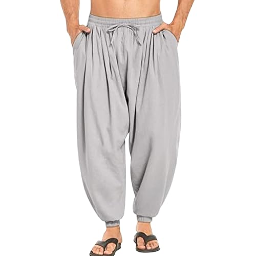 Loose Cotton Harem Pants Men Casual Beach Yoga Pants Elastic Waist Boho Trousers with Pockets
