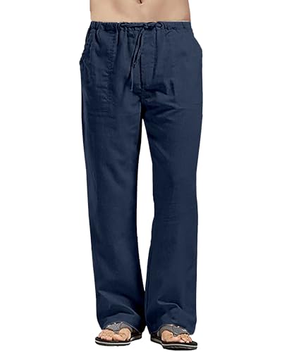 YAOHUOLE Herren-Hosen Freizeithose Herren Lang Sommerhose Herren Leicht Leinen Hose Männer Marine M