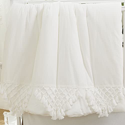Image of Brandream Gender Neutral Boho Bohemian Baby Girl Boy Nursery Crib Bedding Set 3 Pieces Solid White Farmhouse Chic Unisex Minimalist Tassel Fringe Macrame Cozy 100% Washed Cotton