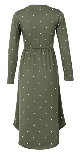 PRIMODA Women Pleated Polka Dot T-Shirt Dress Empire Waist Casual Midi Dress with Pocket Short Sleeves Long Sleeves Knee Length Dresses(Army Green-Long-XXL)