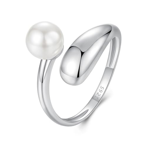 VOROCO 925 Sterling Silver Adjustable Rings Trendy Retro Unique Cat Octopus Pearl Flower Open Ring For Women Jewelry Gift (Silver Pearl)