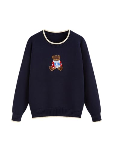 CIDER Women's Fall Sweaters Long Sleeve Cute Sweaters Bear Graphic Crewneck Soft Knit Casual Cropped Pullover: Navy Blue, M