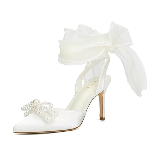 Pearl Heels Wedding Shoes for Bride Closed Toe Bridal Shoes Wedding Heels with Bow