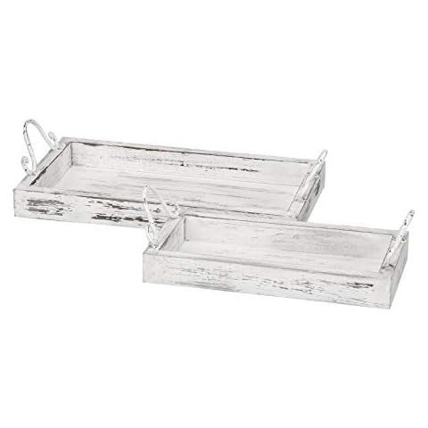 ETC dekoratives Tablett als 2-er Set rechteckig im Vintage Landhaus-Stil Holz mit Metallgriffen Shabby weiß Cover