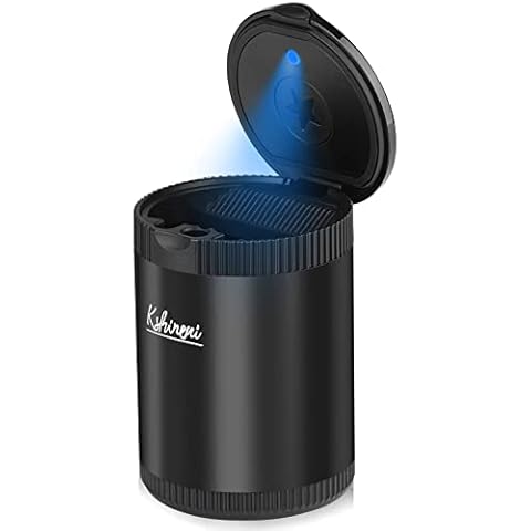 Car Ashtray, Kshineni Portable Smokeless Ashtray for Car, Mini Car Trash Can Detachable Stainless Car Ash Tray with Lid Smell Proof Blue Led Light for Car Cup Holder Cover