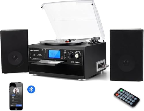 DIGITNOW! Bluetooth Viny Record Player Turntable for CD Cassette AM/FM Radio and Aux in USB port and SD Encoding Remote Control with Standalone Stereo Speakers