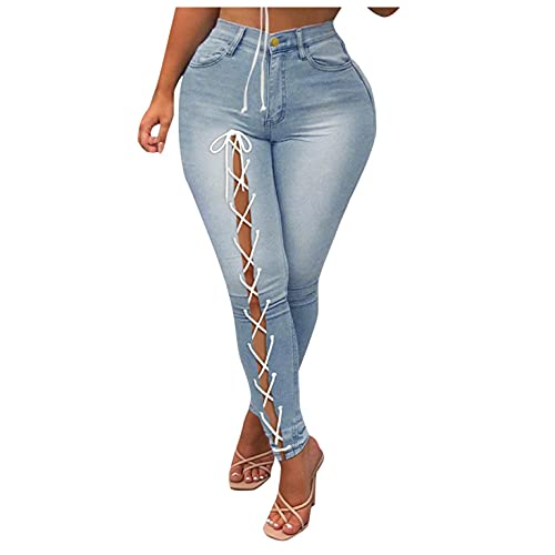 Womens Ripped Jean Sexy Split Fork Lace Up Distressed Denim Pants High Waisted Butt Lift Stretch Skinny Jeans White