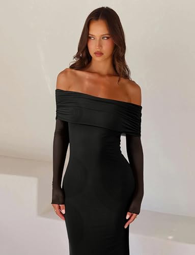 REORIA Women Off Shoulder Long Sleeve Dress Elegant Sexy Stretch Mesh Double Lined Slim Trendy Long Dresses3