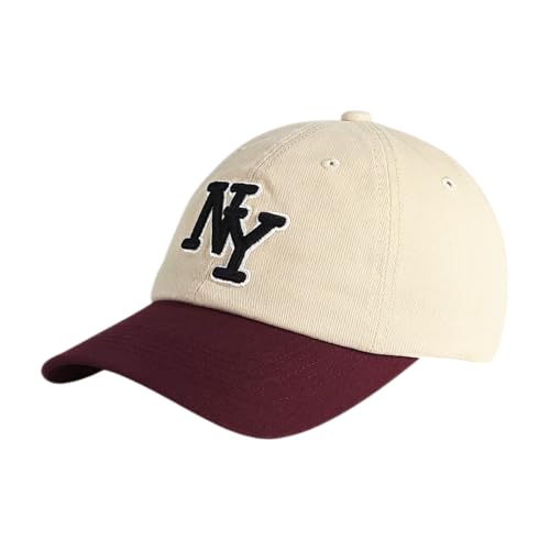 NY 3D Embroidered Cotton Dad Hat New York Baseball Cap Adjustable Metal Buckle Strap Unstructured Low-Profile Style - Two Tone Stone-Burgundy