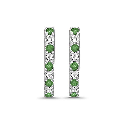 Sterling Silver Diamond And Emerald Hoop Earrings (1/10 Cttw, I-J Color, I2-I3 Clarity) #TOP1