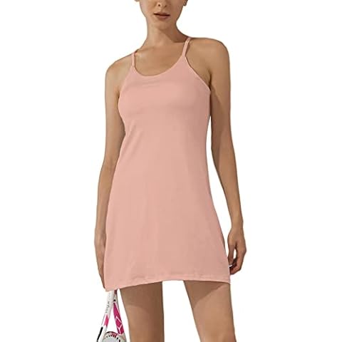 Women's Exercise Sleeveless Dress Tennis Golf Workout Dress with Pockets Built-in Shorts & Bra Yoga Sports Athletic Dress, Skin Pink, Small Cover