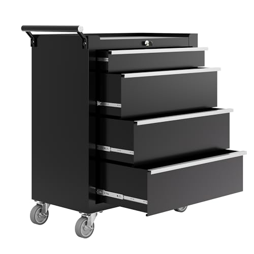 PeakPursuit 4-Drawers Rolling Tool Chest, Portable Tool Box with Wheels and Lock System, Secure Storage Cabinet for Warehouse, Workshop, and Repair Shop, Black
