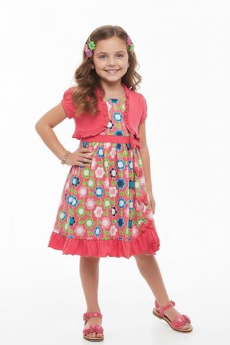 Image of ToBeInStyle Girls Two Piece Short Sleeve Dress and Matching Bolero Crop Cardigan Assorted Prints Cotton Blend Summer Outfit