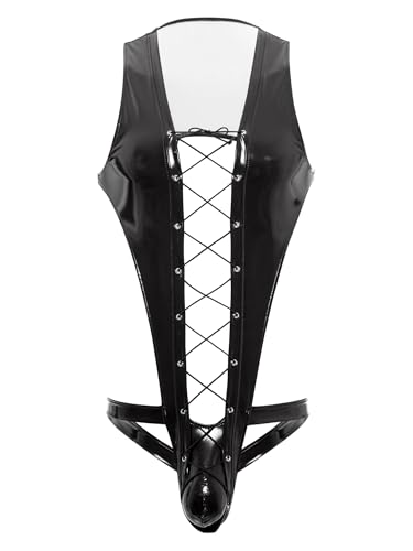 YiZYiF Wetlook Männer Catsuit Ouvert Mit Ausbuchtung Herren Stringbody Lack PU Leder Body Mit Schnürung Schwarz M