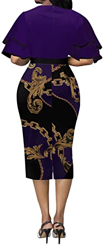 Elegant Dresses For Women Church Crew Neck Short Ruffles Sleeve Bodycon Purple Pencil Dresses Business With Zipper Bow #TOP1