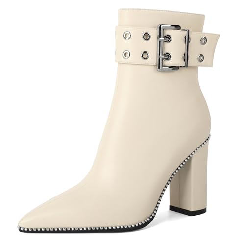 YODEKS Womens Ankle Boots 3.7 Inch Heel Chunky Boots Beaded Eyelets Buckle Strap Side Zipper Boots