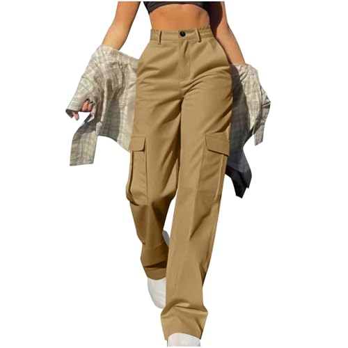 fanmpghleoo Cargo Pants Women Baggy Wide Leg Twill Casual Pants Y2k Plus Size Elastic High Waisted Hiking Pant with Pockets