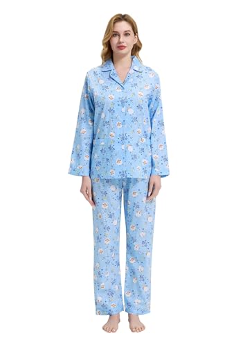 Image of GLOBAL Women Cotton Pajamas Long Sleeve PJs Button Down Sleepwear S-3XL