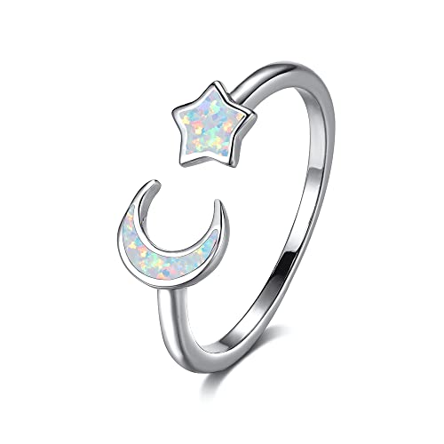 Opal Crescent Moon Star Open Adjustable Stacking Ring White Gold Plated Created Birthstone Love Endless Promise Wedding Finger Bands Expand Lucky Statement Rings Fashion Jewelry for Women Girlfriend Mother