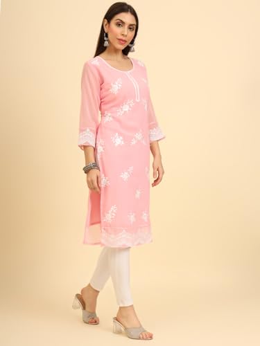 Image of Women's Chikankari-Lucknowi Embroidered Work | 3 /4 Sleeve | Knee Length | Round Neck | Georgette Fabric | Straight Kurta