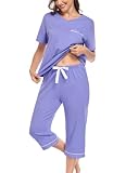 EA'S SECRET 100% Cotton Women's Pajama Set V Neck Top and Capri Pants Sleepwear Sets Loungewear with Pockets(Lavender, Large)