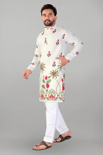 Image of Valaki Kurta Pajama Set for Men Border Printed Traditional Straight Kurta with Pyjama for Men