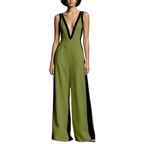 Overol elegante para mujer de pierna ancha moda de color de contraste verde M