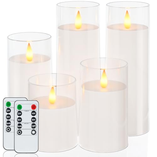 Image of Homemory Realistic Flickering Battery Operated Candles, LED Fake Electric Candle with Remote Control and Timer, Flameless Candles for Home, Christmas Decoration, White, Set of 5