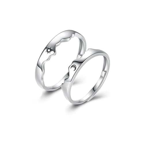HinDaLi 2 Pares Anillo Sol y Luna Plata de Ley 925 para Mujer Hombre Pareja
