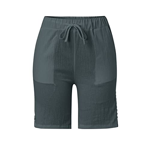 Biker Shorts Women,Cotton Linen Bermuda Shorts For Women Elastic High Waist Solid Color Cargo Shorts Comfy Summer Sweat Shorts With Pockets Womens Athletic Shorts Dark Gray L #TOP3