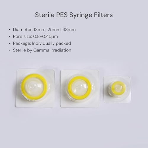 Image of Sterile Syringe Filter, PES, 0.45μm 13mm, Individually Packed, 100 Pack | Syringe Lab Filters, Double-layer Hydrophilic PES, Gamma Irradiated & Pyrogen-free, Female Luer Lock & Male Luer Slip
