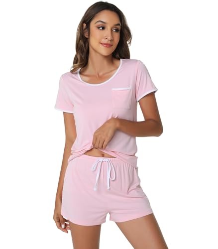 WiWi Conjunto de pijama para mujer, pijama de bambú suave, ropa de dormir de manga corta con pantalones cortos, conjuntos de pijama de talla grande S-4X, D- Rosa, Large