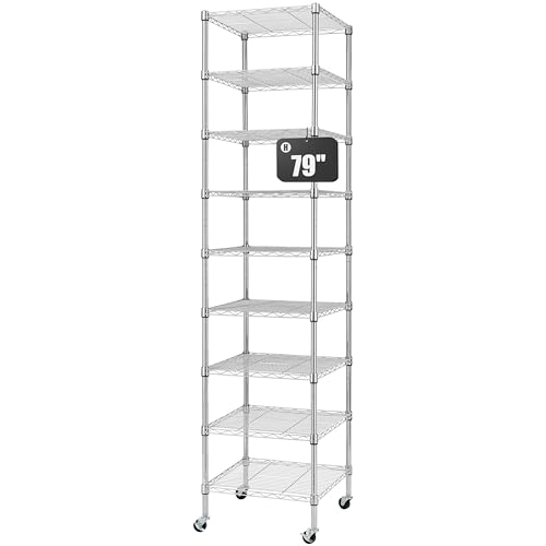 Image of Finnhomy Heavy Duty 9 Tier Wire Shelving with Wheels 18x18x79-inches 9 Shelves Metal Storage Rack Thicken Steel Tube, Pantry Shelves for Storage, Adjustable Shelving Unit, NSF Certified, Chrome