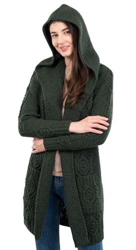SAOL 100% Merino Wool Ladies Irish Classic Fit Long Cardigan with Hood (Army Green, Medium)