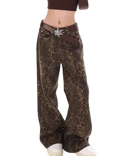 Womens Y2k Jeans Leopard Print Jeans Baggy Jeans Harajuku Streetwear Pants Straight Leg Grunge Pants2