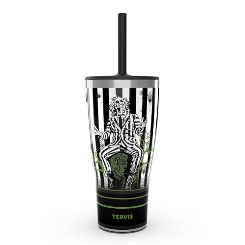 Tervis Traveler Beetlejuice Beetlejuice Beetlejuice - Vaso aislado de triple pared, mantiene las bebidas frías y calientes, 887 ml con tapa de popote, acero inoxidable