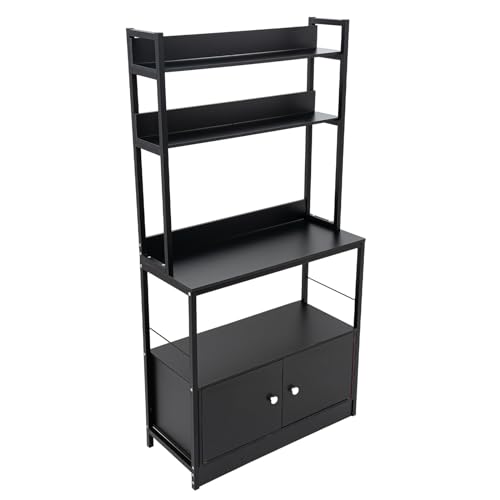 Image of Oiveinya 5 Tier Kitchen Rack, Free Standing Metal Kitchen Microwave Storage Shelf Heavy Duty Wine Rack with Storage Cabinet for Living Room Bedroom Hotel (Black)