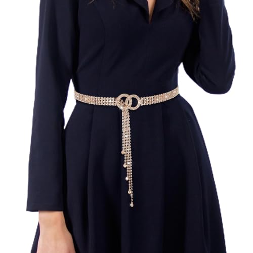 Rhinestone Waist Chain Belt for Women, Sparkle Crystal Waist Chain Belt Adjustable O-Ring Waistband Belt for Dresses
