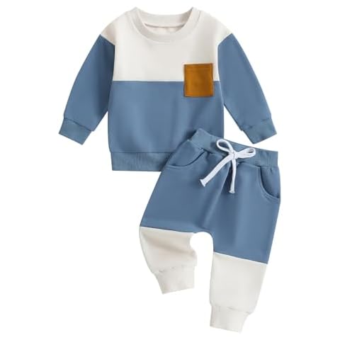 Kupretty Toddler Baby Boy Fall Winter Clothes Color Block Long Sleeve Sweatshirt Pullover Tops + Joggers Pants Outfit Set (Blue White, 18-24 Months) Cover