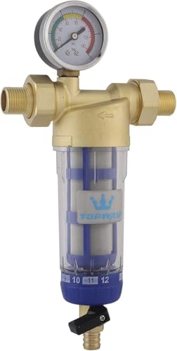 Miniatura 6 de Topway Prefiltro De Agua Filtro De Agua De Sedimentos Lavable Y Reutilizable Purificador De Agua Prefiltro De Ósmosis Acero Inoxidable 60 Micras, Con Manómetro 150203