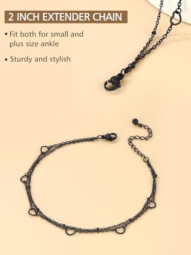 Image of FindChic Black /Silver /Gold Plated Anklets Set of 2PCS /3PCS Herringbone Chain Cuban Link Heart Charm Sparkling Tennis Ankle Bracelets, Waterproof Summer Foot Jewelry for Beach