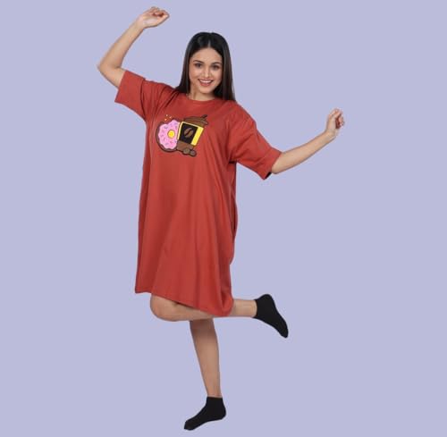 Image of LAMA STORE Women's Printed Oversized T-Shirt Dress, Cotton, 3 /4 Sleeve Length, Casual Loose Fit, Comfort Wear Extra Comfy Oversized Printed Pocket T-Shirt Dress