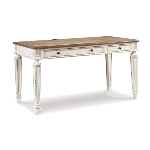 Signature Design by Ashley Realyn Lift Top Desk, Standing Workstation with Built-In USB Outlets, Traditional Cottage Style for Home Offices, 60' W x 28' D x 31' H, White & Light Brown