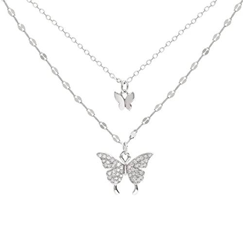 925 Sterling Silver Double Couche Zircon Papillon Pendentif Collier pour Femmes Filles Fête Bijoux Cadeau Collier Ras du Cou