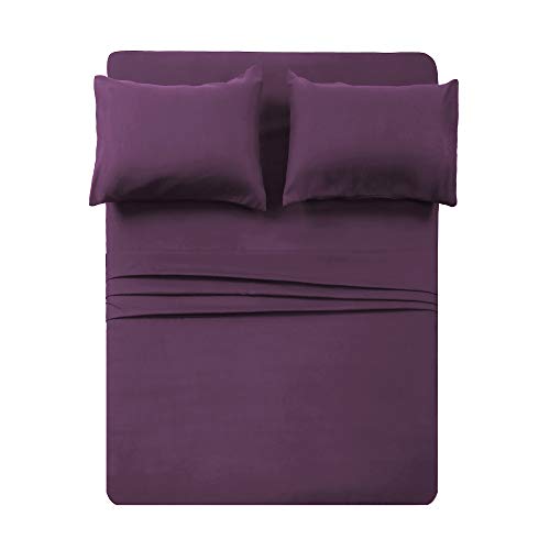 Image of 4 Piece Bed Sheet Set (Queen,Purple) 1 Flat Sheet,1 Fitted Sheet and 2 Pillow Cases,Brushed Microfiber Luxury Bedding with Deep Pockets
