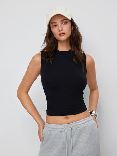 Image of CIDER Womens Tank Tops Sleeveless High Neck Ruched Crop Tops Going Out Casual Basic Ribbed Shirt Summer Fashion Clothing