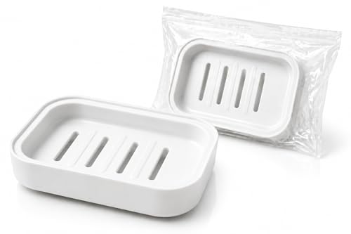White Plastic Soap Dish with Drainage Small Self-Draining Soap Holder Non-Slip & Easy to Clean Fast-Dry Tray for Bathroom Shower Kitchen Sink