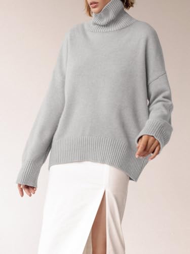 Image of YKR Women's Turtleneck Sweater Chunky Long Sleeve Knitted Pullover High Low Hem Trendy 2025 Fall Winter Basic Jumper Top
