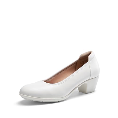 DREAM PAIRS Zapatos de vestir de tacón bajo y grueso para mujer, cómodos zapatos de trabajo cerrados con punta redonda para oficina y negocios, Blanco, 42 EU